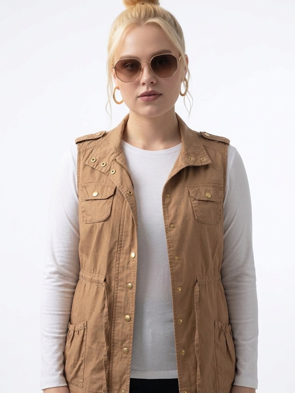 SHINESTAR | Tan Utility Vest Snap Front Drawstring Women’s Size Large